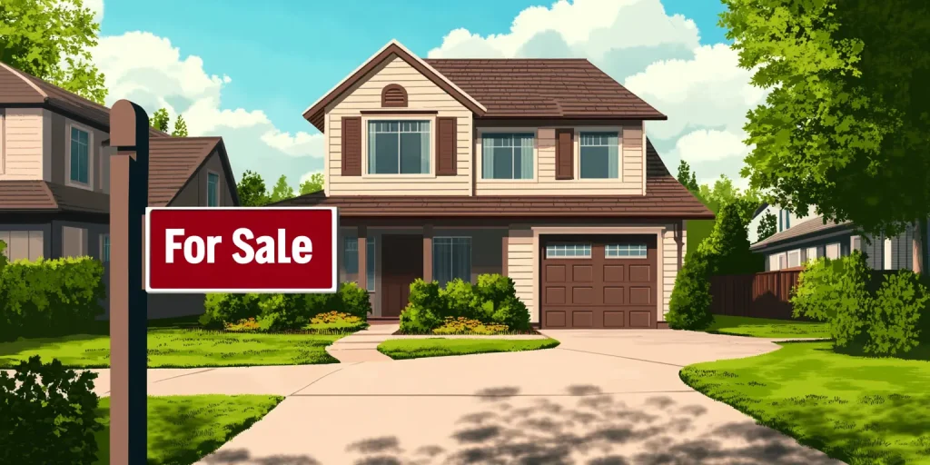 A suburban family home with a red for sale sign and brick driveway.