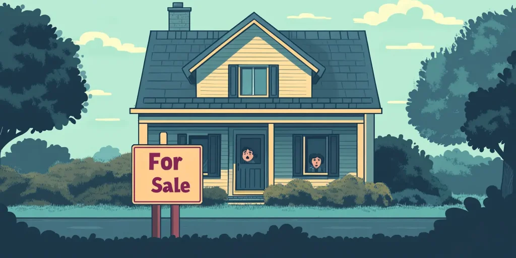 A two-story suburban home with a blue for sale sign on a sunny day.