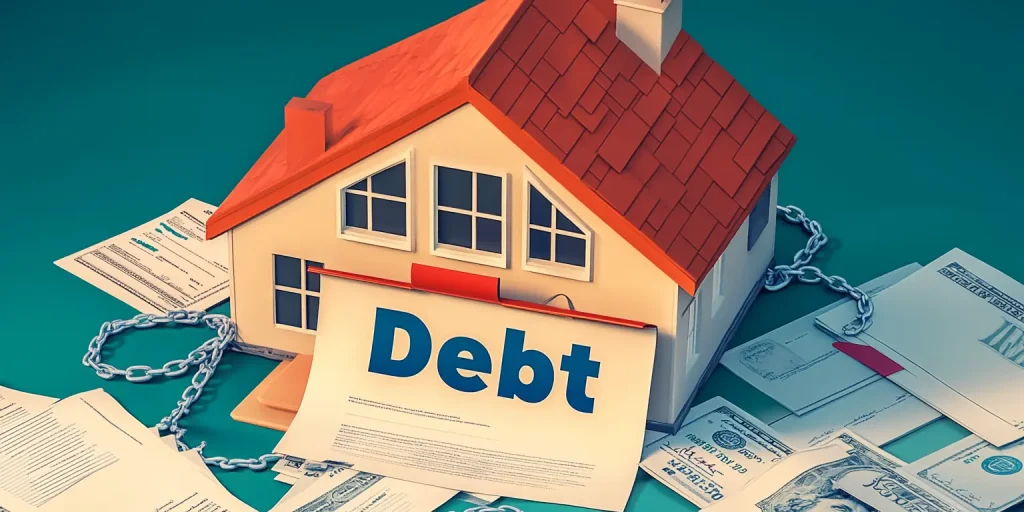 A small red-roofed house model resting on a pile of documents labeled "DEBT."