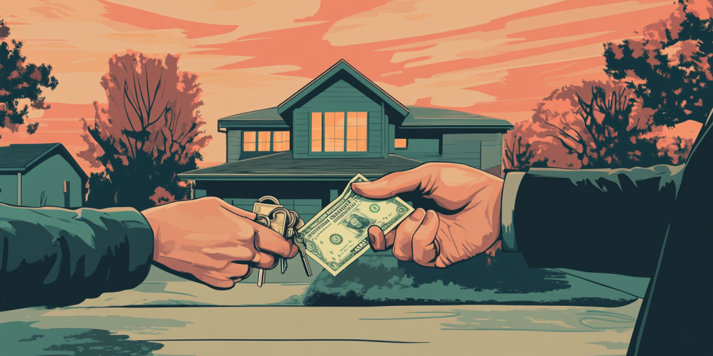 Close-up of hands passing cash during a handshake in front of a residential home.